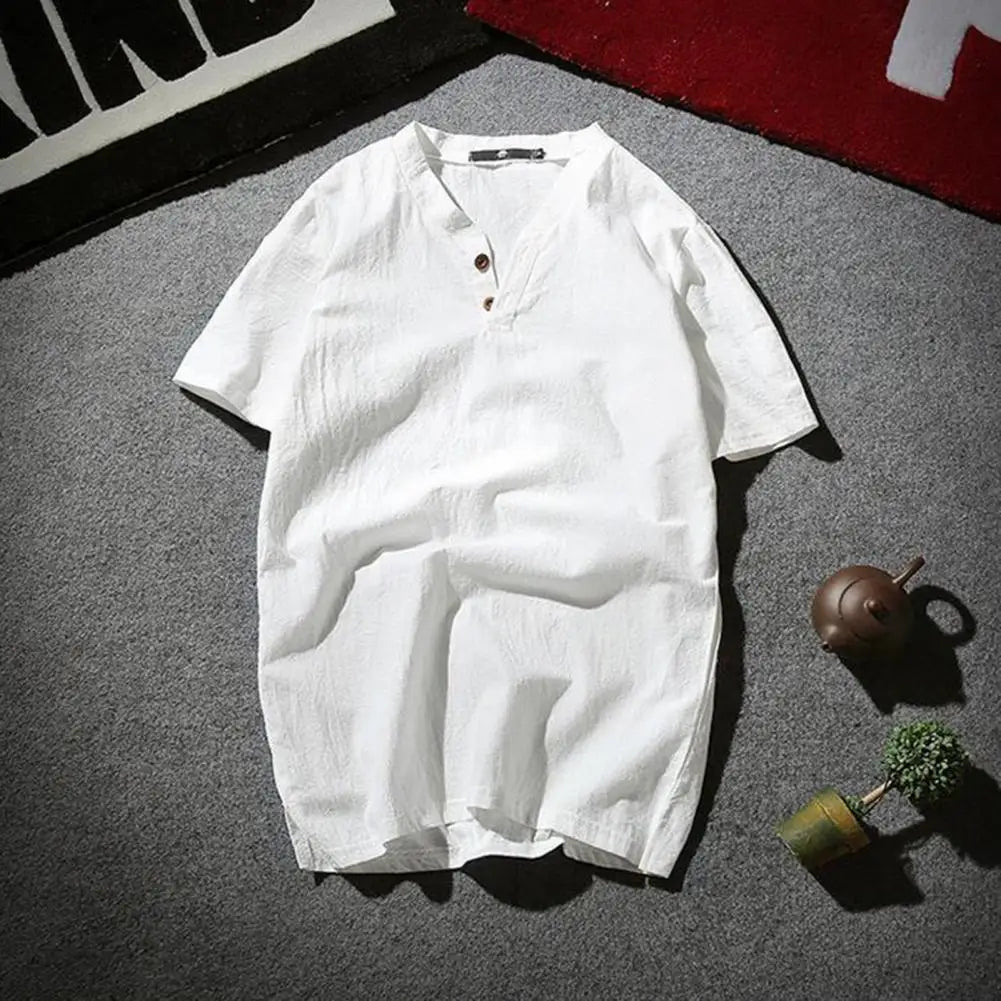 Fashion Men'S Linen T-shirt Short Sleeves V Neck Button Solid Color Slim Fit Summer Casual Short Male Tee Shirt Top