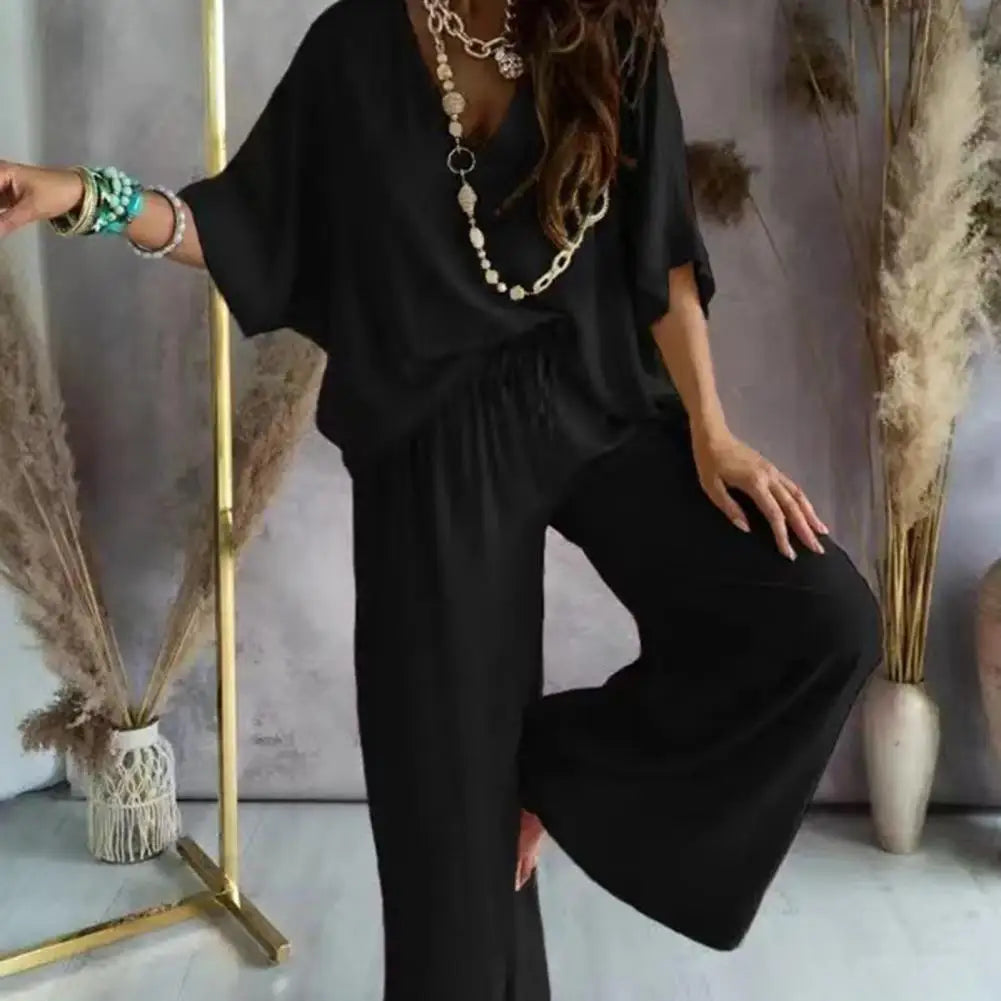 Batwing Sleeve Top Wide Leg Pants Set Stylish Women's Summer V-neck Batwing Tops