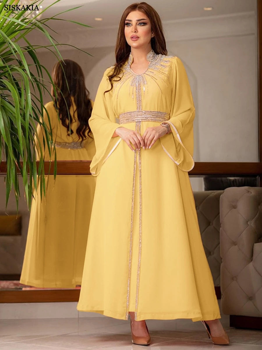 Arab Robe Fashion Middle East Muslim Kaftan Dubai Hot Fix Diamond Party Evening Dresses for Women Notched Stand Collar