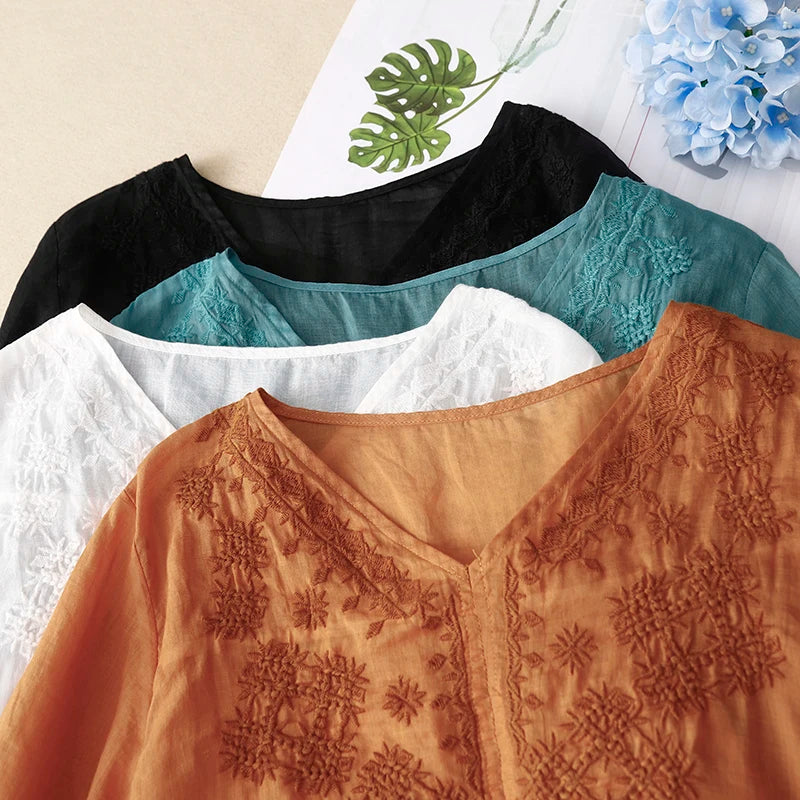 Summer Breathable Ramie Tops Loose Short Sleeve Shirts V-Neck Floral Embroidery Blouse Female Tees All Match