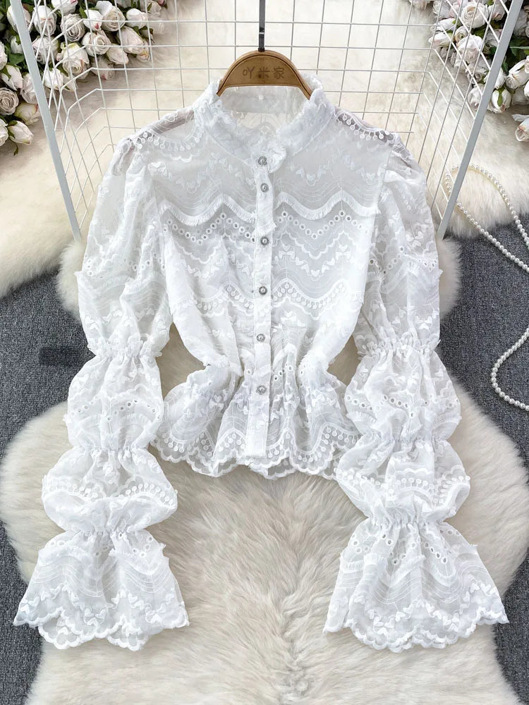 Women Shirt Retro Court Style Trumpet Long Sleeved Stand Up Collar Single Breasted Hollowed Out Lace Shirt Top