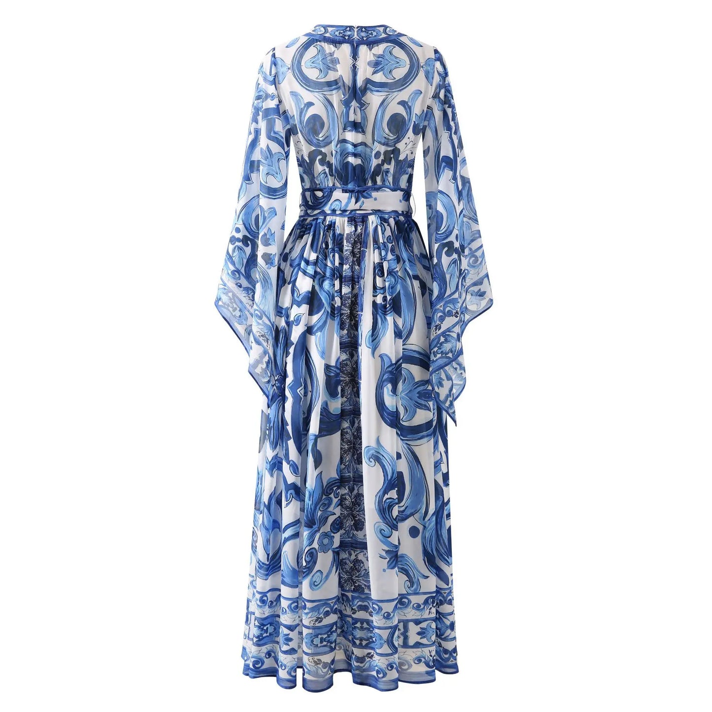 Designer Inspired Runway Fashion Summer  Women's Blue Floral Printed Bohemian Maxi Wrap Dress