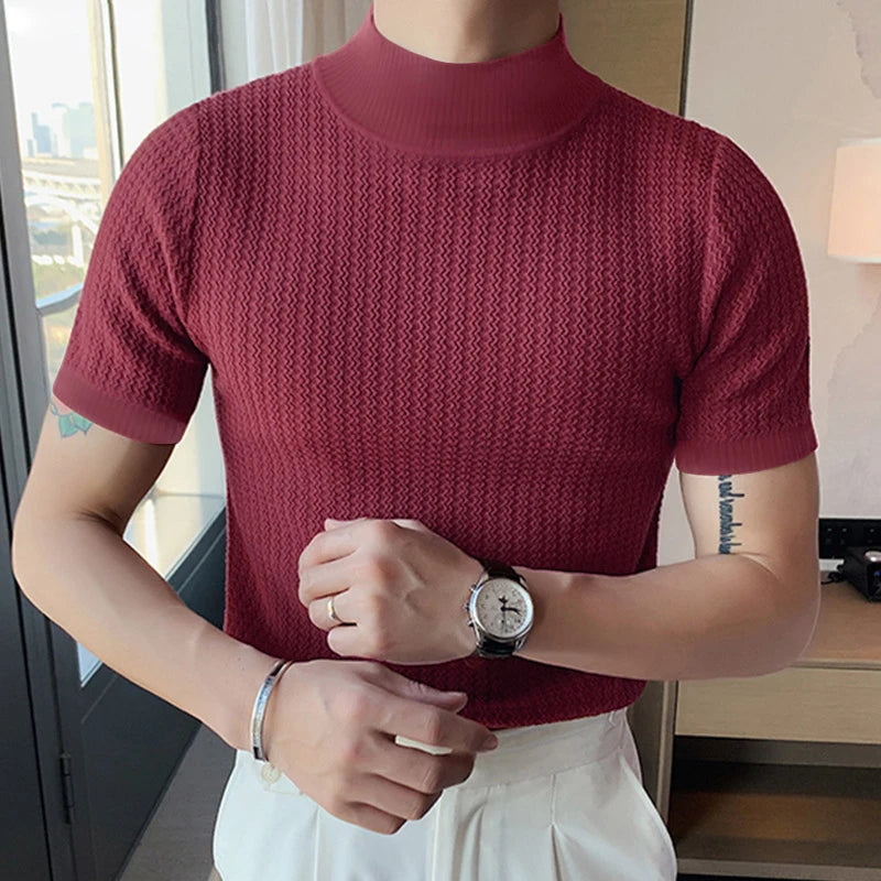 men T-shirt Casual Streetwear High-neck Solid Color Short-sleeved Bottoming Tees Luxury Clothing