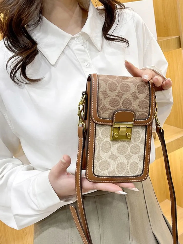 Mobile phone bag for women's  retro trendy print crossbody contrast color shoulder bag vertical small square bag for mini bag