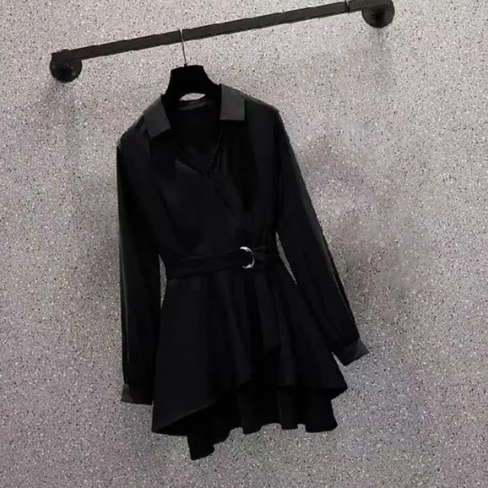 Women's Shirt Lapel V Neck Long Sleeves Waist Tight Adjustable Belt Pullover Shirt Female Clothing