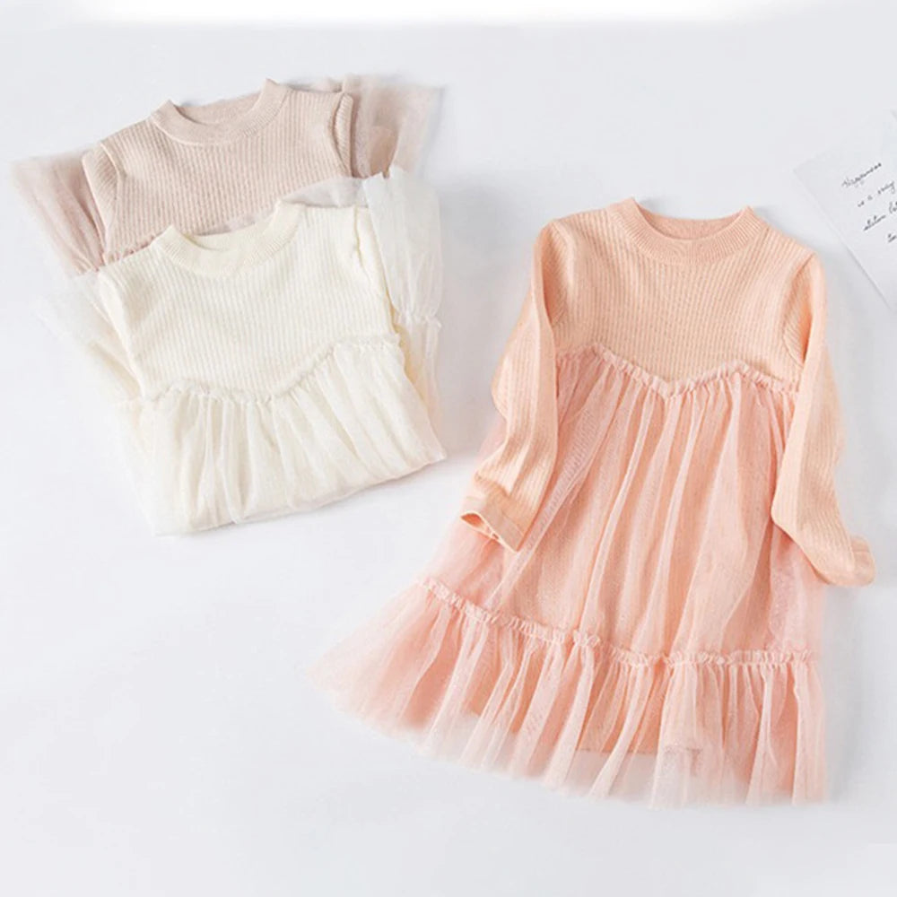 Girls' Dress  Autumn New Girls' Round Neck Knitted Long Sleeve Mesh Splice Dress Children's Fashion Clothing