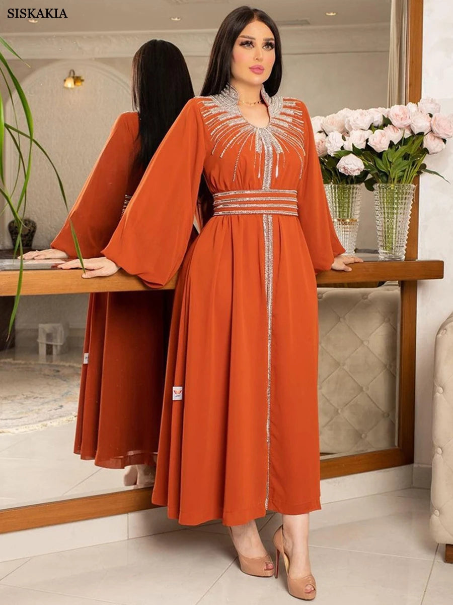 Arab Robe Fashion Middle East Muslim Kaftan Dubai Hot Fix Diamond Party Evening Dresses for Women Notched Stand Collar