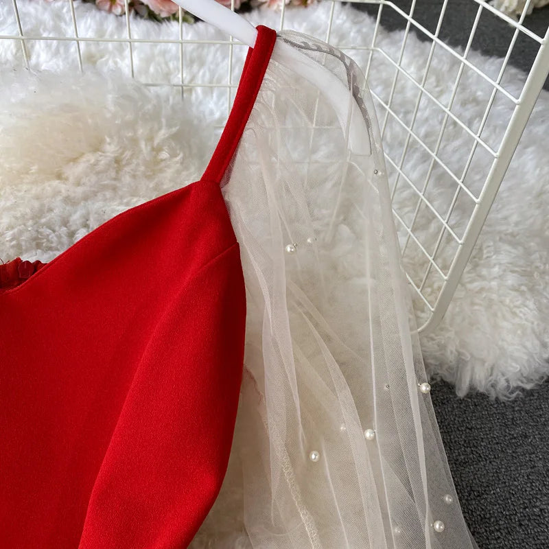 Spring Summer Dress Elegant Women Black Red Bandage Mini Dress Puff Sleeve V-neck Mesh Beading A-line Korean Party Vestidos
