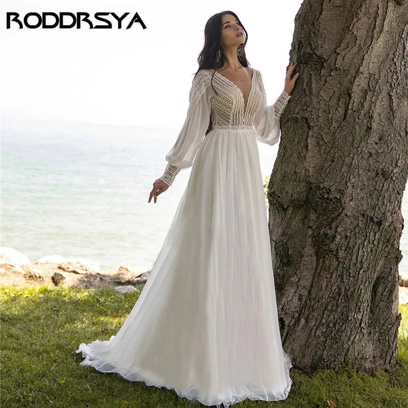 Wedding Dresses For Women Chiffon Puffy Sleeve  Elegant Lace Bridal Dress Custom Made