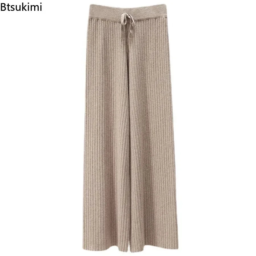 Drape High Waist Wide Leg Pants for Women Autumn Winter Casual Loose Knit Straight Leg Pants Lace-up Women Solid Trousers