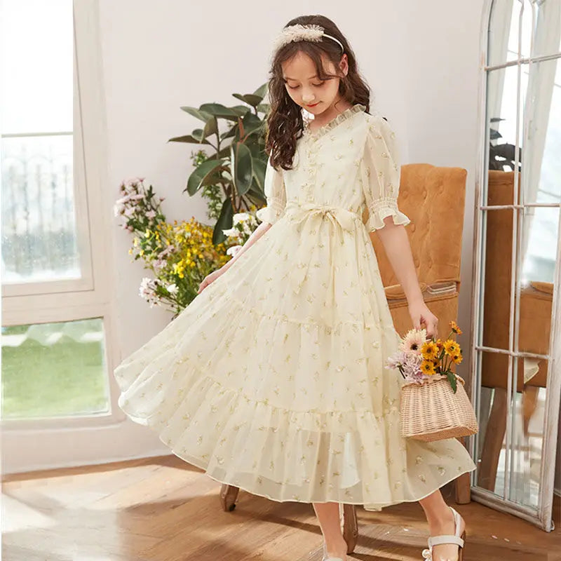 Girls Summer New Dress Youth Chiffon Waist Princess Skirt Children Pastoral Style Clothes