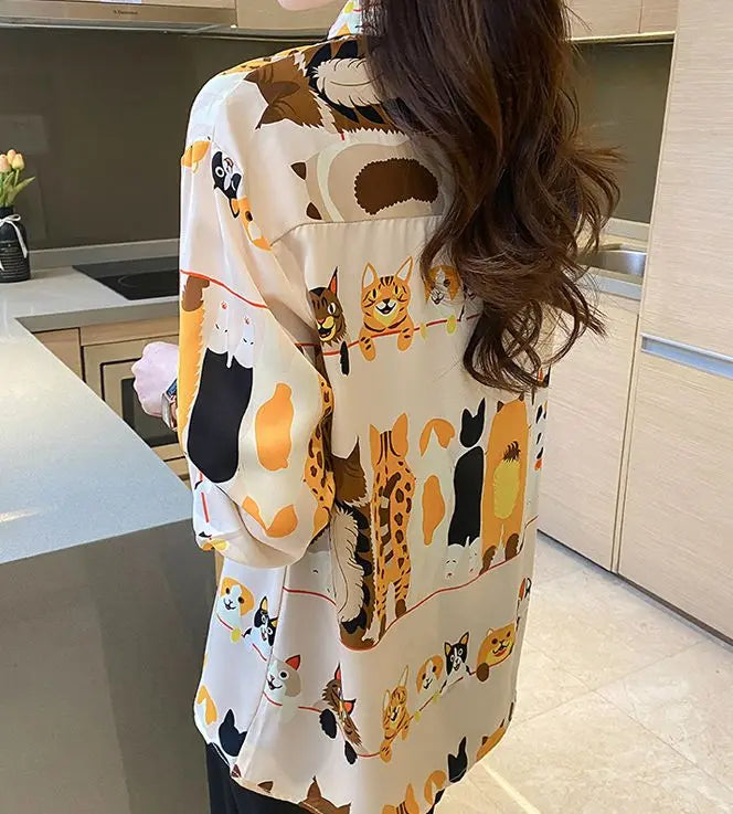 Loose Shirt Cute Cartoon Animal Graffiti Lapel Long Sleeve Chiffon Blouse Casual  Fashion Shirt