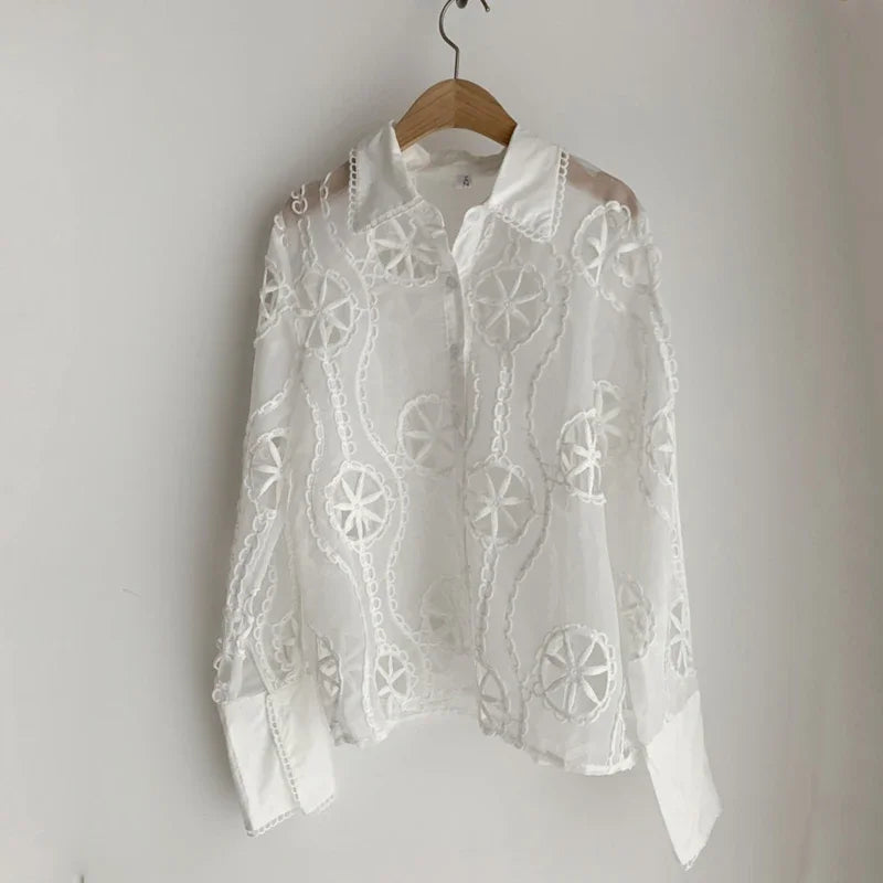 Women's Long Sleeve Floral Embroidery Blouse, Vintage Tops, Loose Casual Blouses