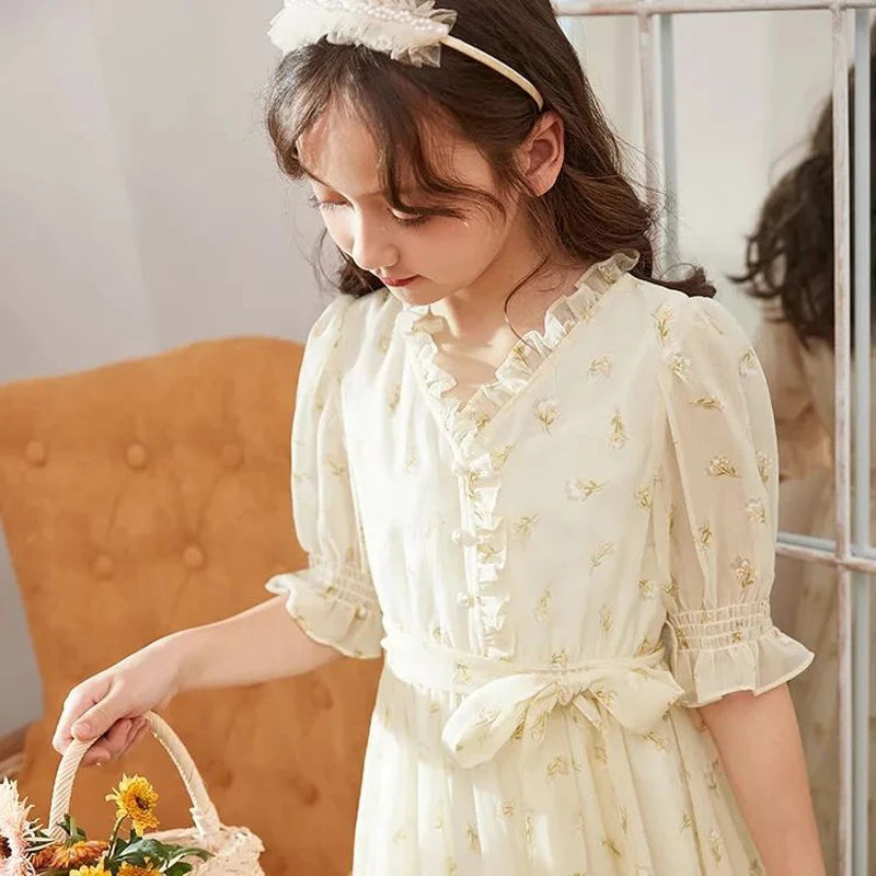 Girls Summer New Dress Youth Chiffon Waist Princess Skirt Children Pastoral Style Clothes