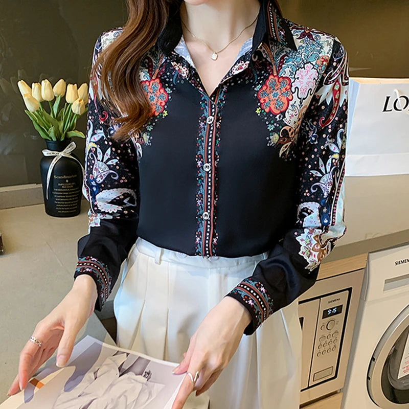 Fashion flower print shirts for ladies New elegant Women's Blouses Long Sleeve Button-Down Tops