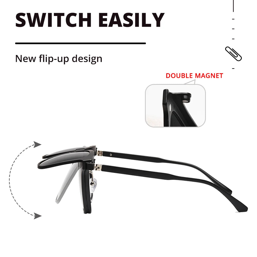 Flip Up Sunglasses Men Women Polarized UV400 Magnetic Sunglasses Clip On Glasses Square Male Big Optic Frame 0 Diopter Eyewear