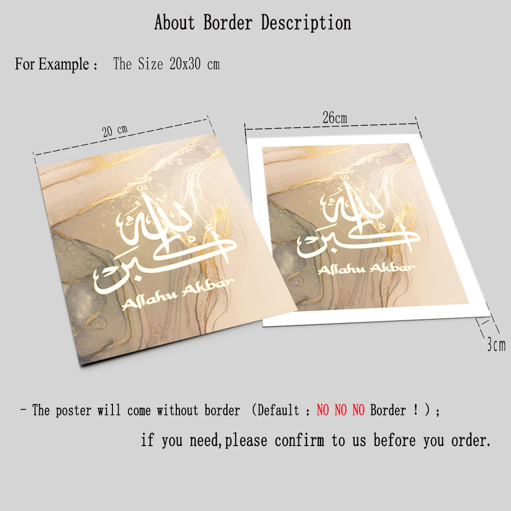 Modern Abstract Wall Art Poster Islamic Calligraphy Allahu Akbar Beige Gold Marble Canvas Painting Wall Pictures for Living Room