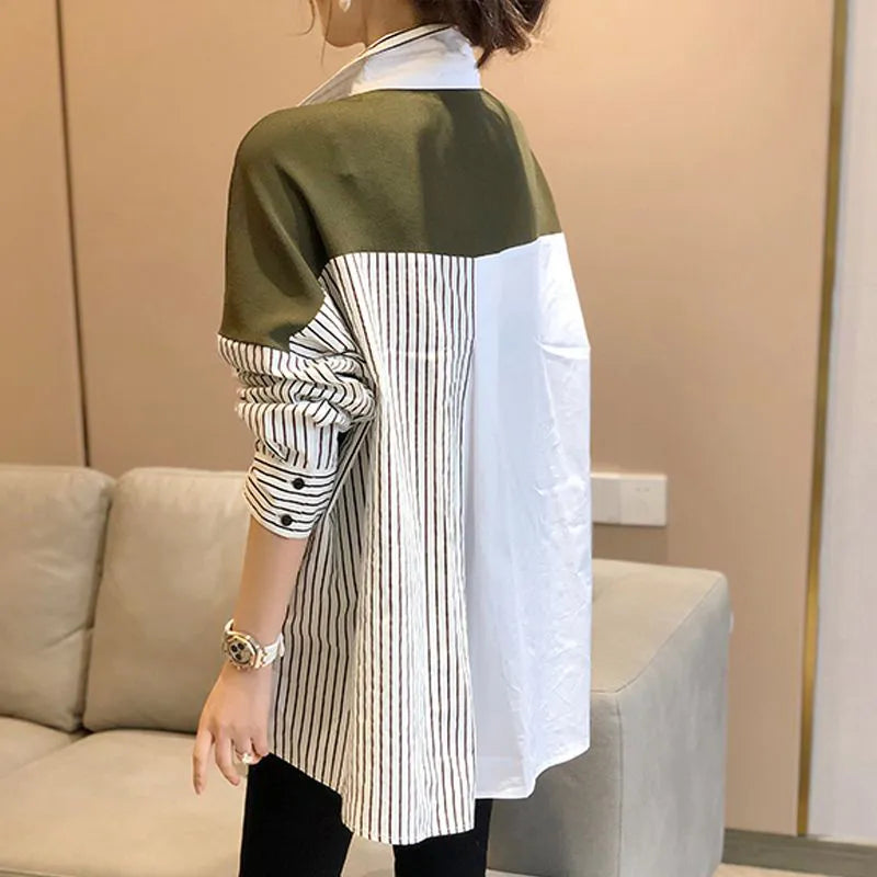 Patchwork Fashion Casual Blouse Women Long Sleeve Loose Stripe Contrast Color Lady Shirt Chic Female Tops