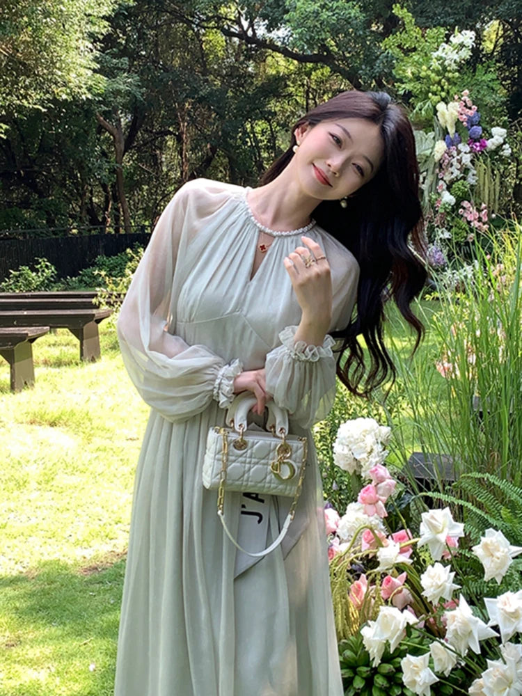Autumn Casual Elegant Chiffon Dress Vintage Even Party Midi Dress Women Outwear One Piece Dress Chic Fashion