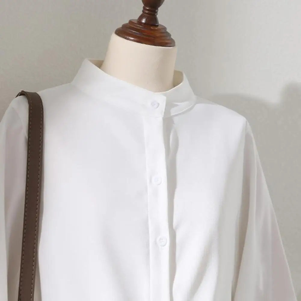 Women Shirt Elegant Women's Stand Collar Cardigan Blouse with Lantern Sleeves for Formal Business Style Commute Solid Color Top