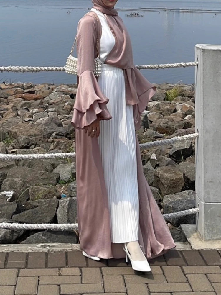 Open Abaya 2 Piece Set Modest Flare Sleeve Satin Islamic Under Dress for Women with Abayas Matching Muslim Suit Islam Sets