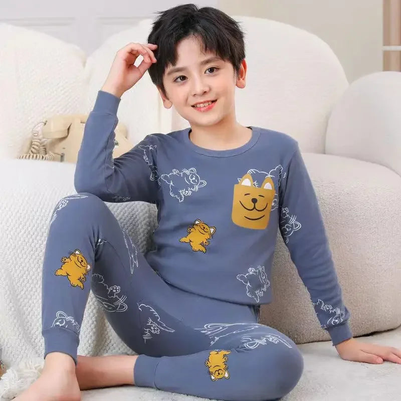 Toddler Baby Kids Unisex Casual Pajama Suit Cartoon Bear Print Long Sleeve Tops+ Pants Boys Sleepwear