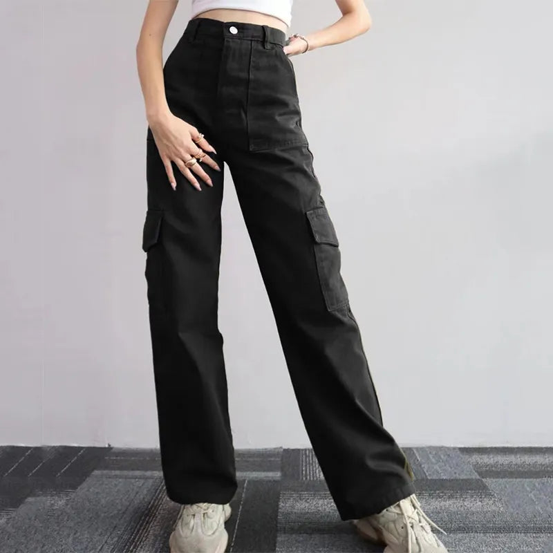 Straight Cargo Pants Women High Waist Baggy Trousers Wide Leg Casual Slim Vintage Streetwear Pocket Fashion Casual Pants