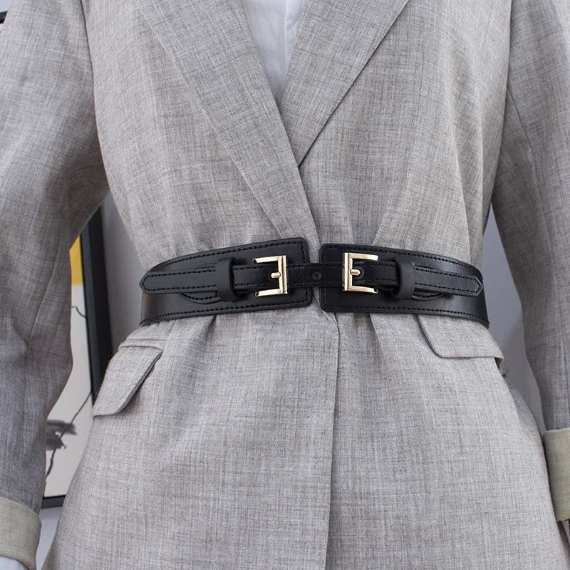 New Elastic Waistband for Women's Decorative Shirt Dress Overcoat Windbreaker Metal Double Button PU Fashion Simple Waist Seal