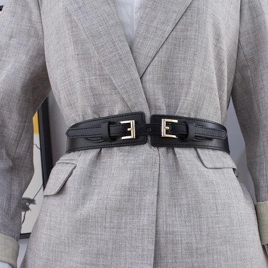 New Elastic Waistband for Women's Decorative Shirt Dress Overcoat Windbreaker Metal Double Button PU Fashion Simple Waist Seal