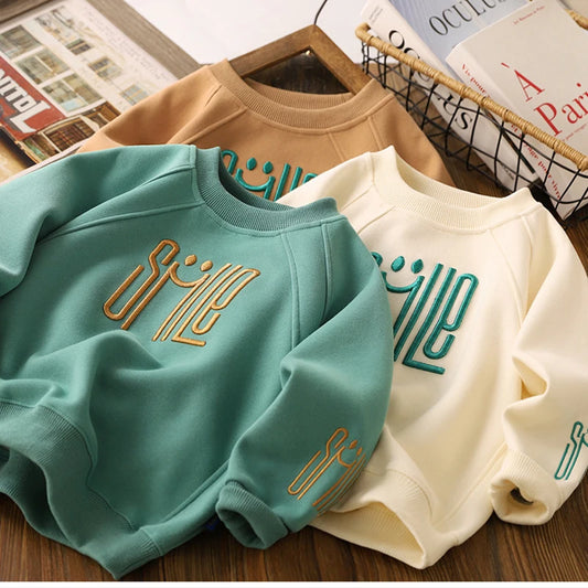 New Big Size Spring Autumn Boys Shirt Fashion Letter Smile Full Sleeve Teenager Boys Sweatshirt Children Top Clothes