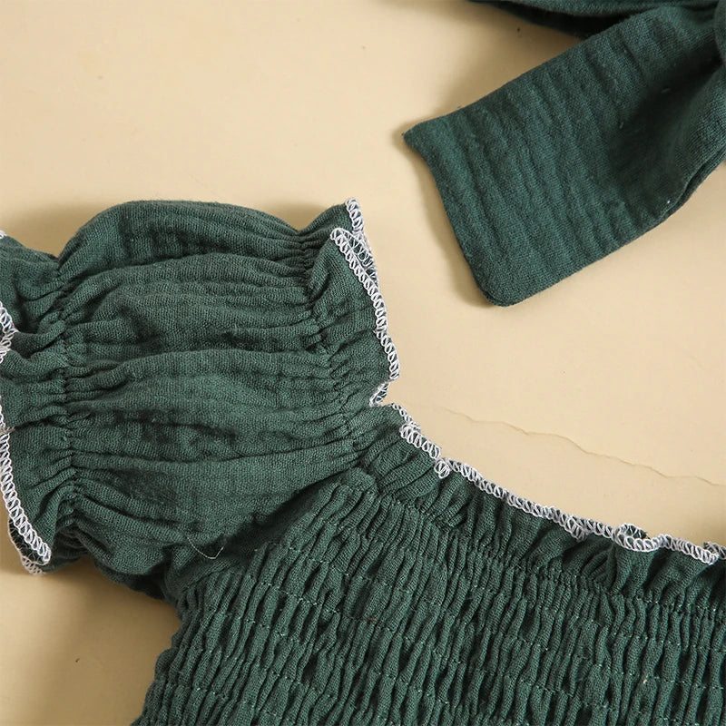 Infant Baby Girl 2 Piece Set Square Neck Short Sleeve Shirred Frill Trim Mesh Romper Dress + Solid Color Headband Toddler Outfit