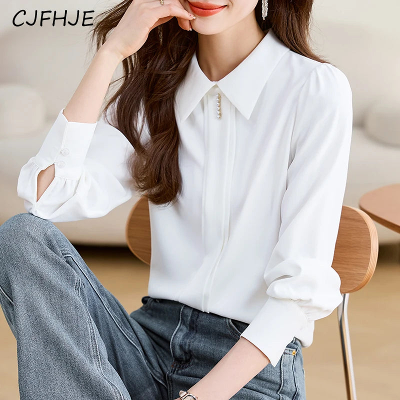 Long Sleeve White Chiffon Shirts Women New Spring Fall Korean Satin Blouse Temperament  Tops