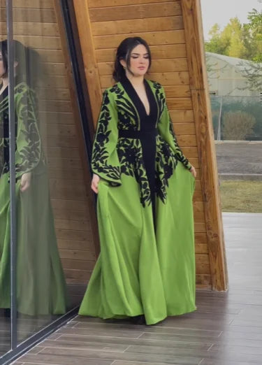 Dress New Embroidery V-Neck Kaftan Women New Slim Ramadan Festival Party Green Robe Clothing