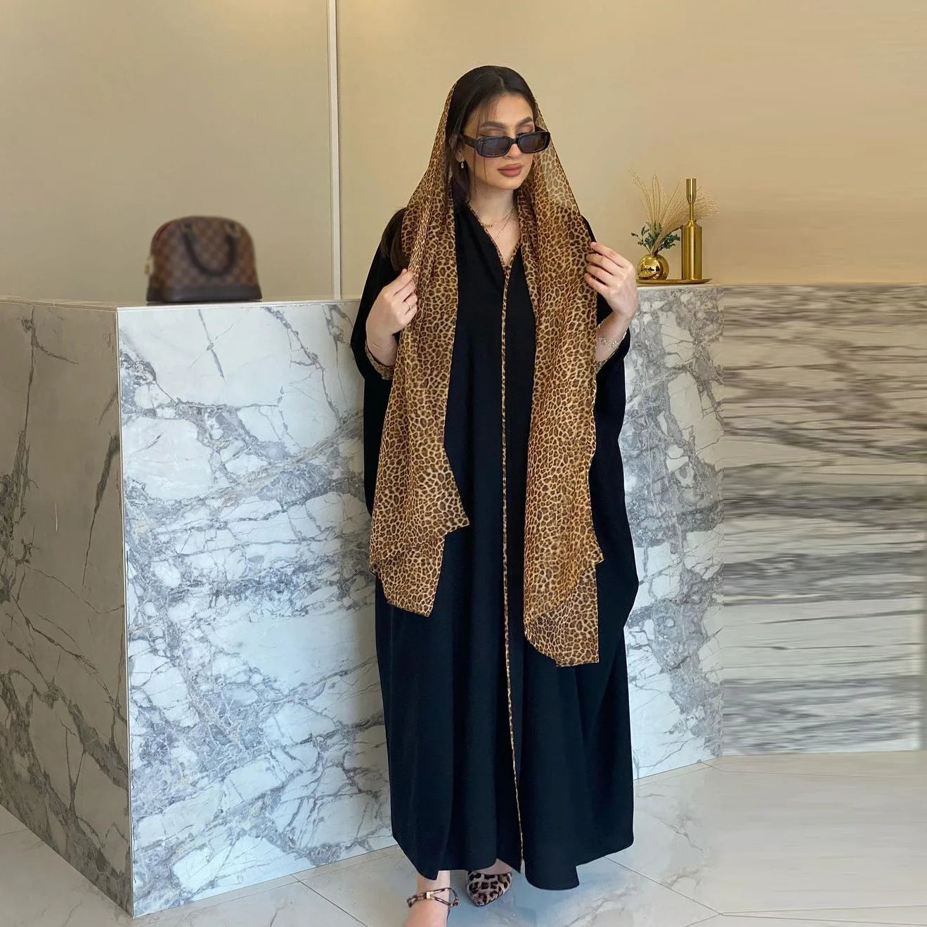 Fashion Khimar Hijab Women Clothing Muslim Black Open Kimono Casual Leopard  Chiffon Contrast Color Abayas Robe