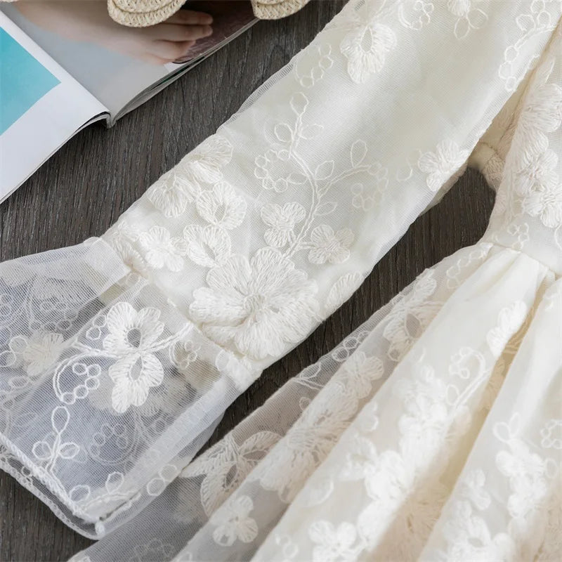 White Lace Embroidery Dress Girls Kids Princess Long Sleeve Clothes Children Elegant Flower Party Tutu Winter Autumn Vestidos