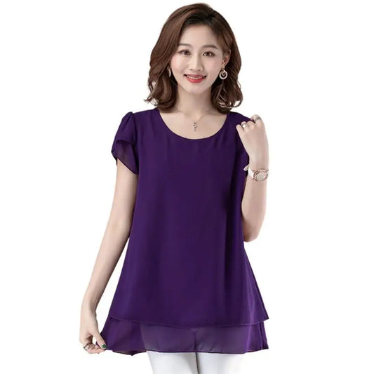 Women Solid Chiffon Blouse Casual Loose Elegant Tops Female Short Sleeve Fashion Shirts