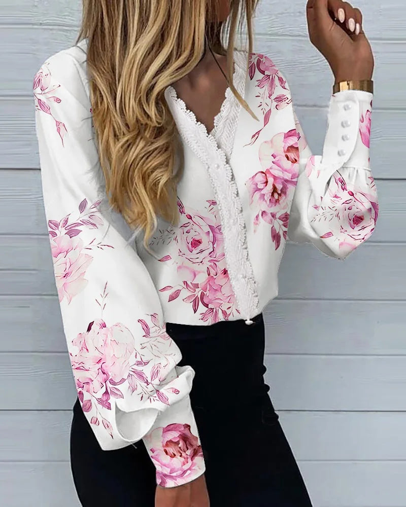 Women Sweet Love Heart Painting Print Long Sleeve White Shirt Fashion Sexy Lace V-Neck Blouse Chic Top Blusa Femininas Elegantes