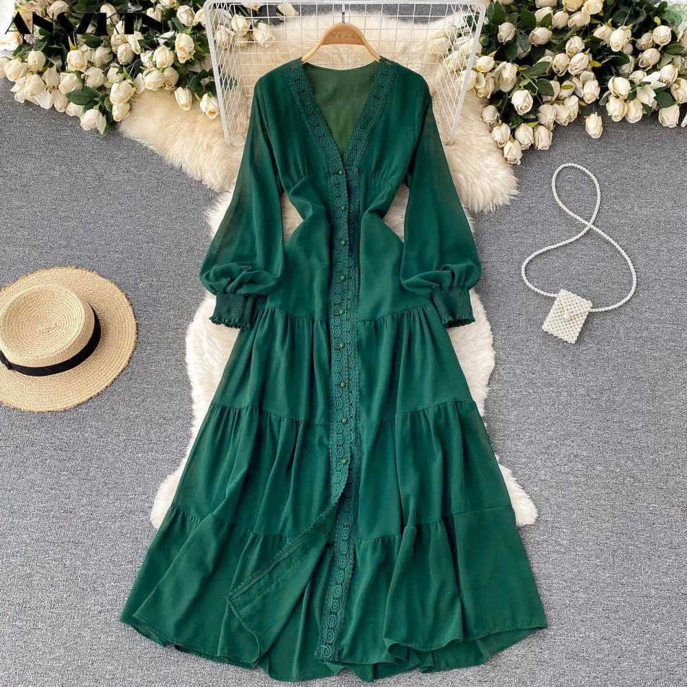 New Lace V-Neck Dress Single Breasted Casual Long Dress long sleeve maxi dress