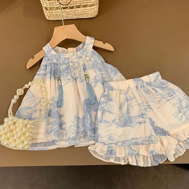 Children Sets Waistdress Sleeveless A-line Pullover Print Kids Shorts Above Knee Length Elastic Waist Cotton Floral New Korean girls