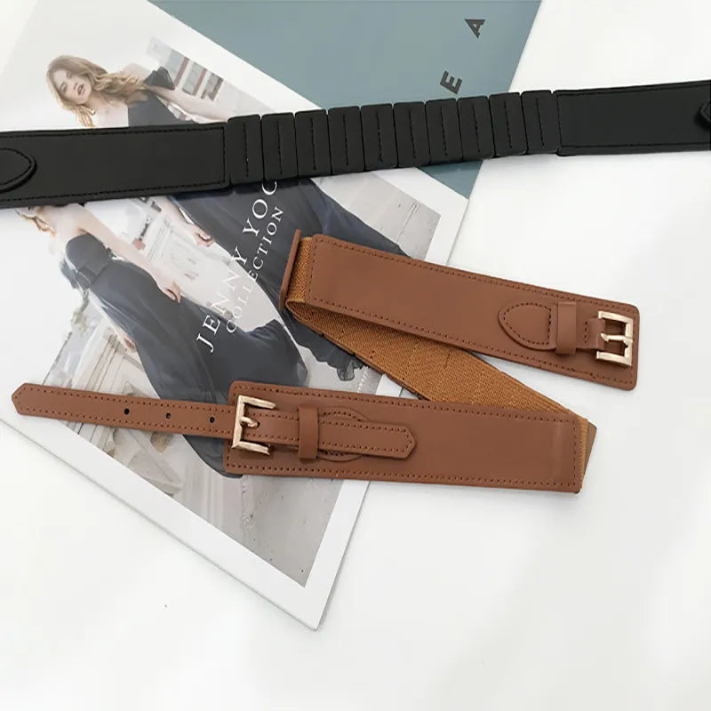 New Elastic Waistband for Women's Decorative Shirt Dress Overcoat Windbreaker Metal Double Button PU Fashion Simple Waist Seal