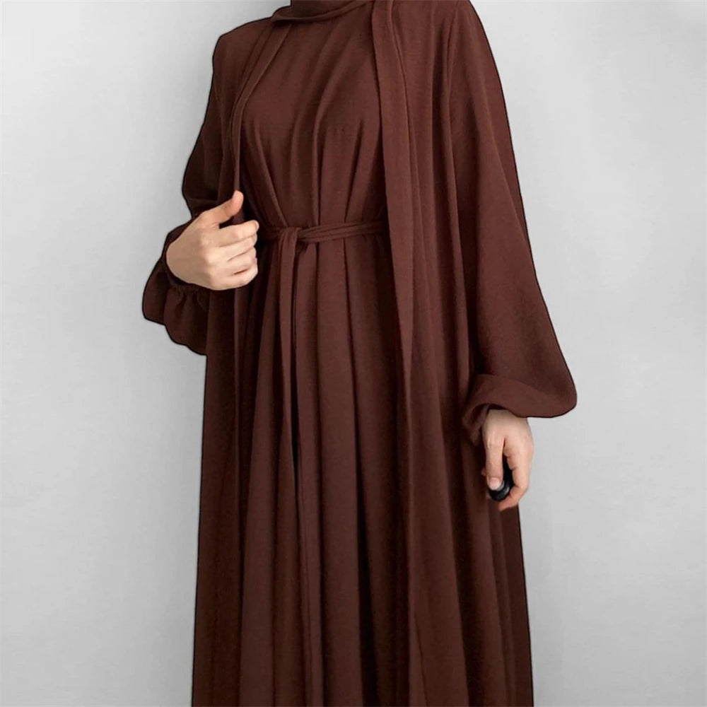Eid Mubarak Muslim Women Open Abaya Kimono Inner Maxi Dress Set 2 Pieces Kaftan Arabic Ramadan Robe Caftan Jalabiya