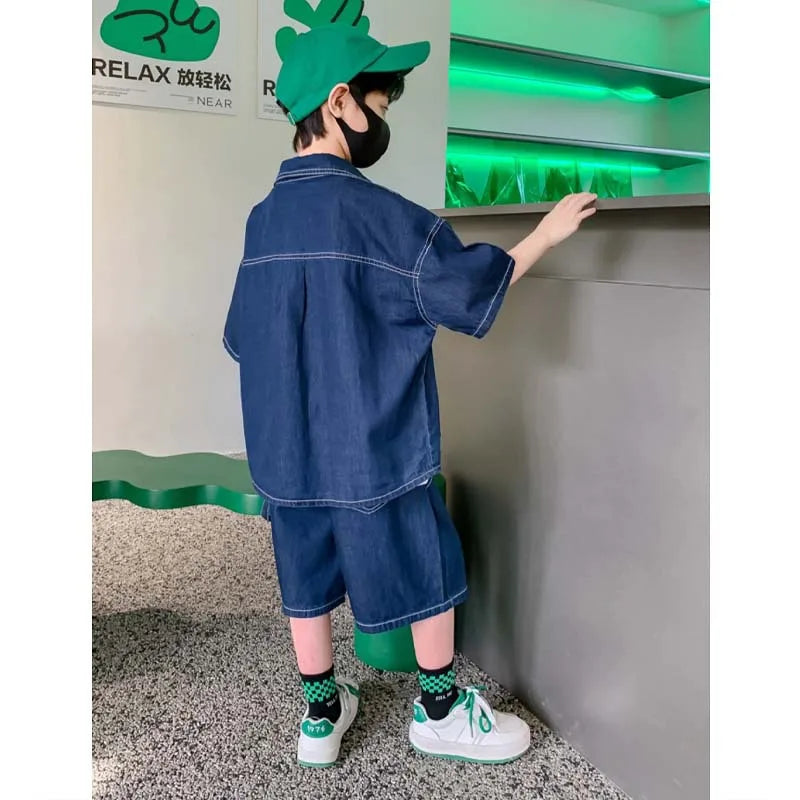 Boys Summer Denim Short Sleeve Coat + Shorts 2Pcs/Set Kids Outfits Korean Style Children Fashion Clothing Suits