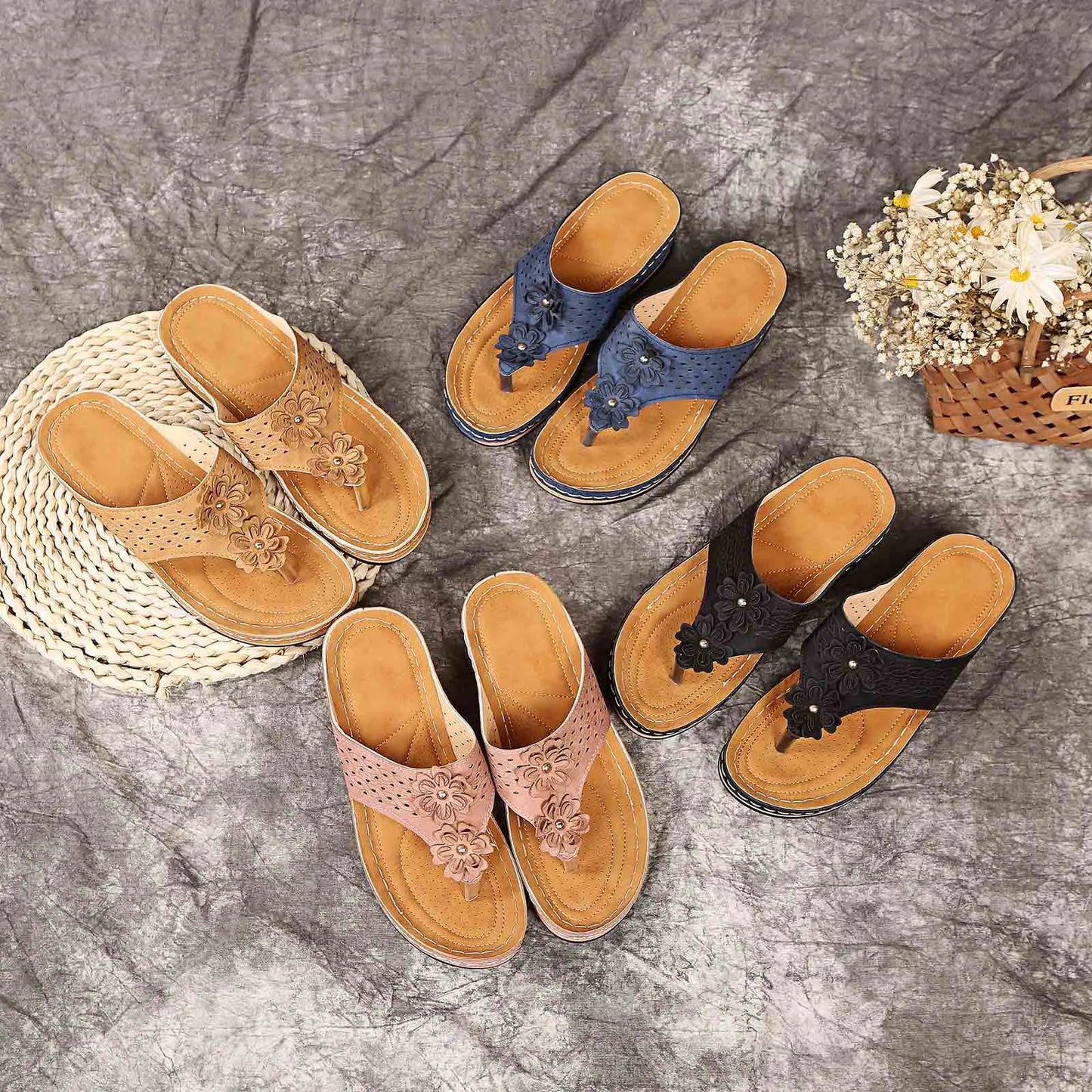 New Women's Slippers Fashion Flower Solid Color Wedge Flip-Flops Outdoor Platform Non-slip Beach Sandals Sandalias Shoes