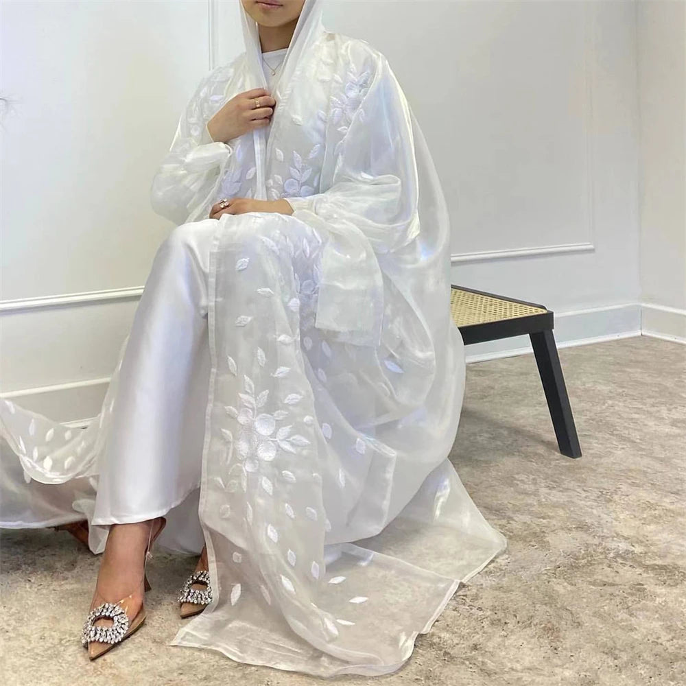 White Embroidery Shiny Women Muslim Open Abaya Maxi Dress Kaftan Kimono Puff Sleeve Gown Jalabiya