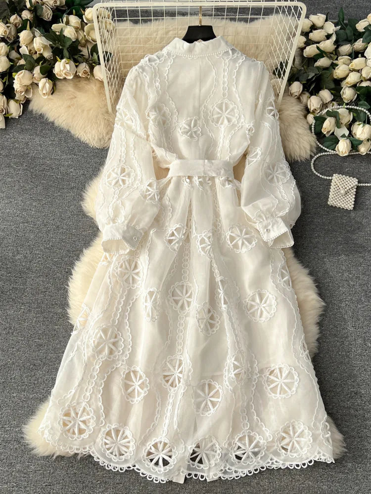 Sweet Style Women's Dress Embroidery Hollow Out Single-breasted Puff Long Sleeve Vestidos Winter Spring 2024 New