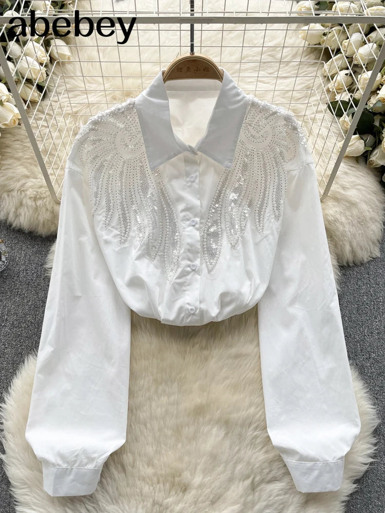 Wing Chiffon Shirt Women Elegant Lapel Long Sleeve Spring Lady Slim Casual Blouse