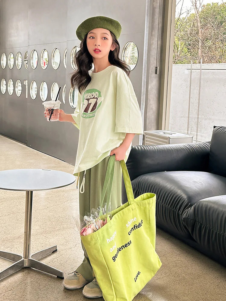 autumn Girl Clothes Outfits New Korea Short Sleeve half sleeve T-shirt + wide leg Pants Trousers Teens 6 7 8 10 11 12 year