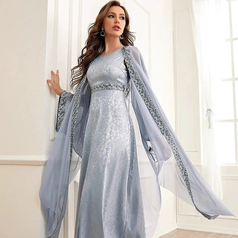 Gray Embroidery Muslim Matching Set Kimono Cardigan Open Abaya Women Maxi Dress Islamic Jalabiya Ramadan Eid Outfit Robe