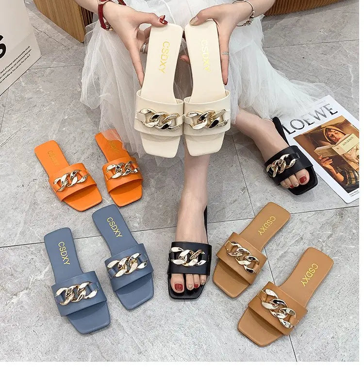 Cute Big Size Women Summer Slipper Square Toe Chain Slippers Slip on Flat Slide Sandals Beach Flip Flops Casual Shoe Ladies