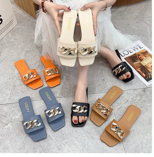 Cute Big Size Women Summer Slipper Square Toe Chain Slippers Slip on Flat Slide Sandals Beach Flip Flops Casual Shoe Ladies